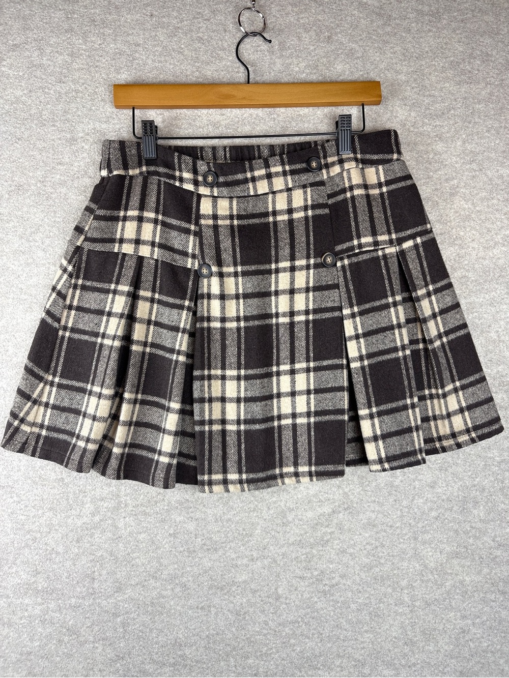 Kate Kasin Brown Plaid Pleated Button-Front Mini Skirt L